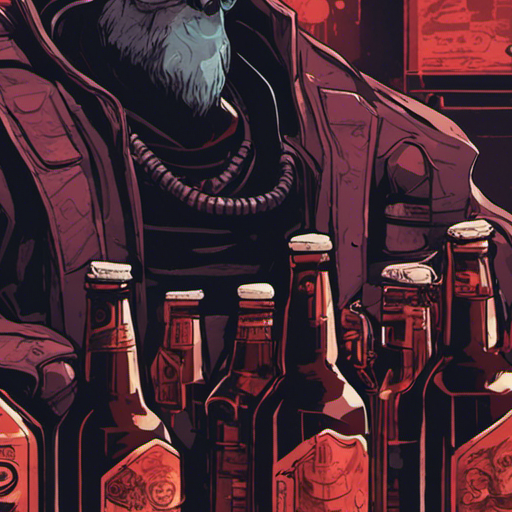 Zeb's gaze falls upon the bar's empty beer bottles, their labels reflecting the dim red lights. No cold beer to quench his thirst. Ratz offers an alternative drink.