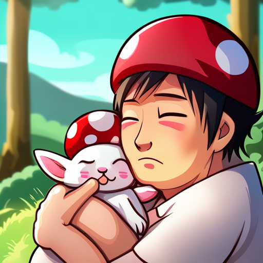 Truffle snuggles on Zeb's neck, arms wrapped tight, softly snoring. Mushroom cap vibrant red with white spots, small round face with black eyes.
