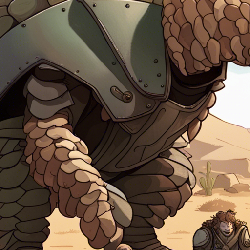 Thraeryn sees a human-sized Pangolin mutant with armor-like scales and a long nose, grumbling about the wasteland. The background shows dusty roads, small cactus, tough grasses, rocks, and mountains in the distance. Nearby are shipping containers. It is a sunny day.