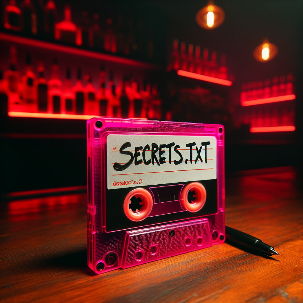 1. A fluorescent pink minidisc labeled "secrets.txt" in sharpie rests in a dimly lit bar, red lights casting a subtle glow on the wooden surfaces.