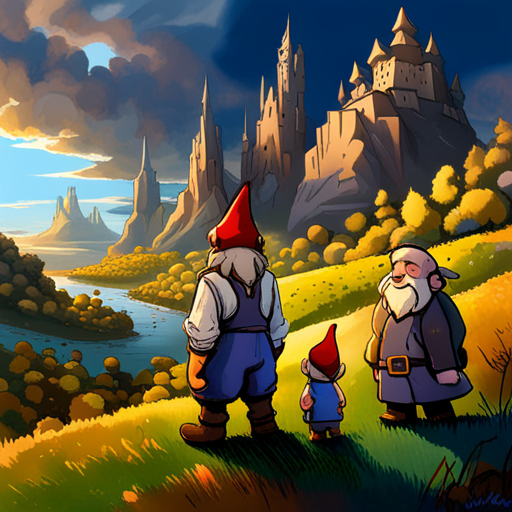 Zeb approaches Truffle, a small gnome with a pointy red hat and blue coveralls. Truffle looks up at Zeb with a friendly smile, revealing his rosy cheeks and bushy brown beard. In the background, the towering Barbarian looks on with interest. The mushroom village can be seen in the distance.
