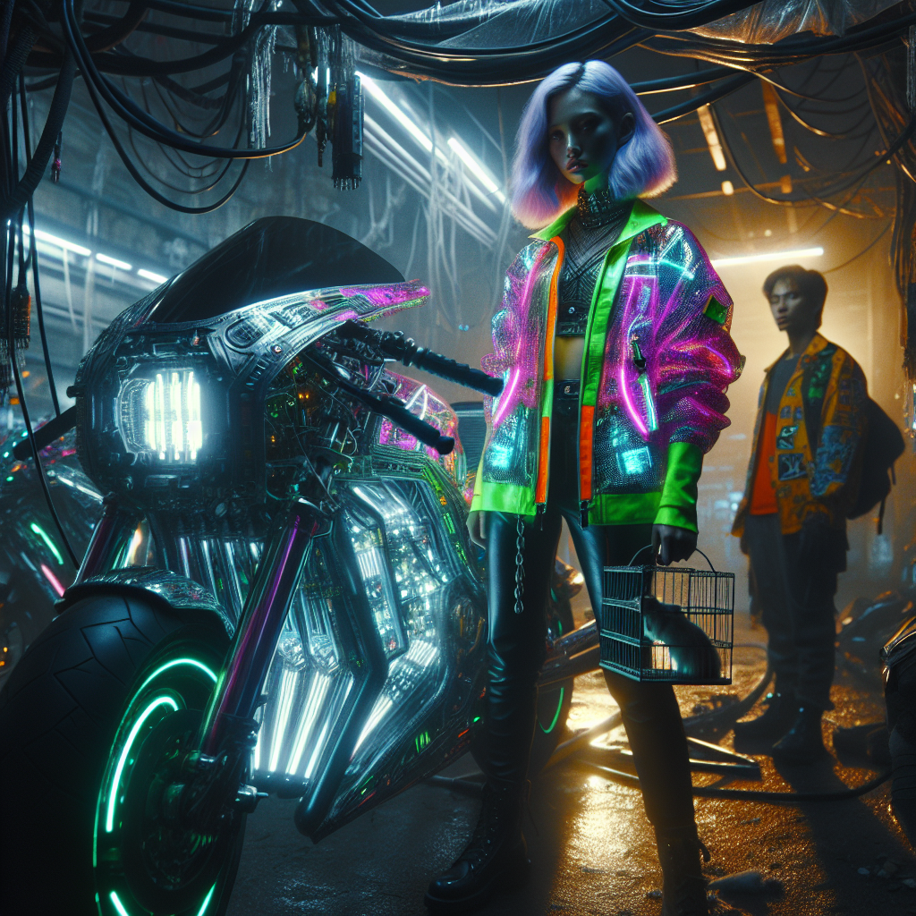 1. Neon-lit bike gleams, chrome accents reflecting dim bridge lights; circuits pulse on its frame. Purple-haired woman stands confidently beside it, neon jacket matching bike's glow. Teenager with caged rat watches nearby, under a patchwork of shelters and cables.