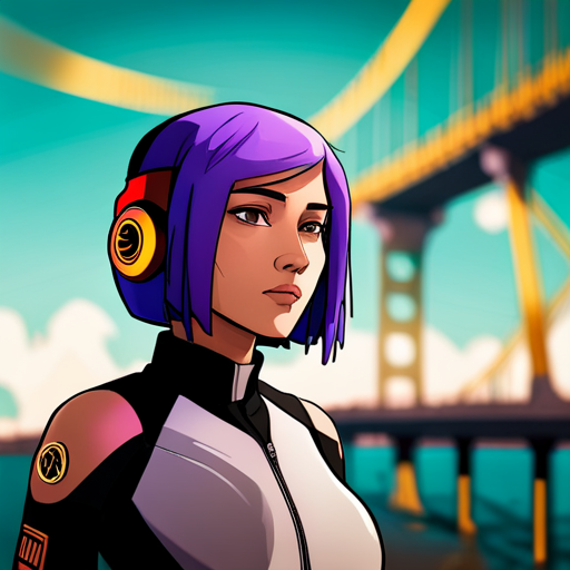 Texmechs sees Starla, a cyberpunk woman with purple hair and a neoprene jacket, looking up at a quadcopter drone with yellow and black safety stripes hovering over the bridge. The drone has a gas-propelled grappling hook and a spool of dyneema cable. 
