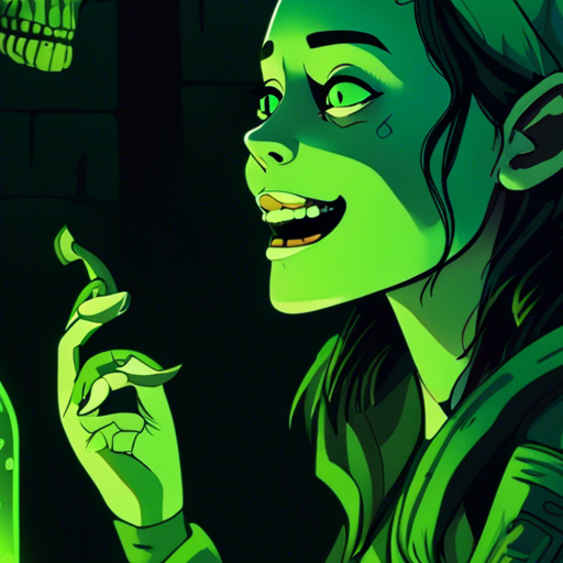 Anesthesia's pale face glows in the dim light of the Catacombs as she watches wrewdison hold up the bottle of green chartreuse. She chuckles, her eyes sparkling with amusement. She extends her hand, ready to accept the offer. The flickering torch casts eerie shadows on the row upon row of skulls lining the cave walls, while water drips from the ceiling, creating a haunting atmosphere.