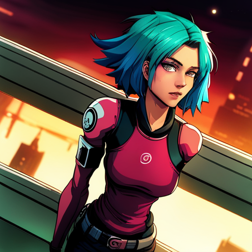 Starla, a cyberpunk woman with purple hair and a neoprene jacket, looks up at Wrewdison curiously as he approaches her on The Bridge. 
