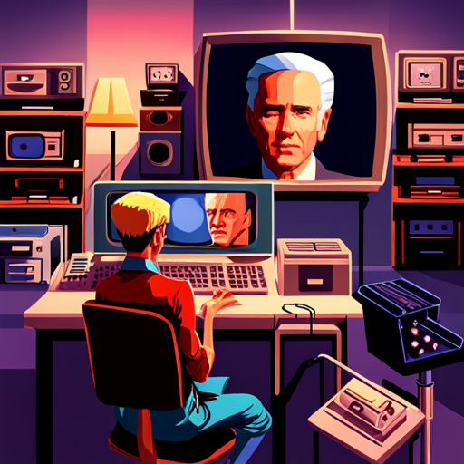 Basic Elf sees Theora Jones sitting at her desk, intently focused on a live video stream. Max Headroom appears on one of the many CRT televisions stacked on desks and quips about the year being 1983. The room is cramped and dimly lit with piles of flickering TVs.