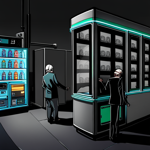 Emmy sees a vending machine with a digital touch screen interface, displaying a wide array of items behind its glass panels. It seems to be in good condition and can produce anything a player requests for just a quarter. The Loading Screen's endless white expanse and a hologram of Ben Brown are in the background, while Zeb and several other players are present.
