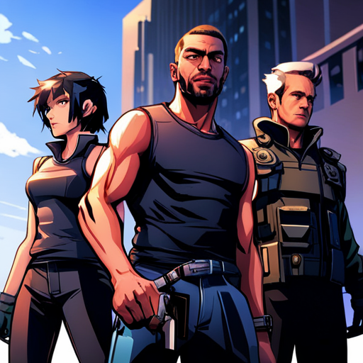 Wrewdison sees two guards, one with a buzz cut and the other with a scar on his cheek, standing in front of a building. They are holding weapons and seem tense. FRED-209, a cylindrical security bot with four rubber wheels, is nearby. The guards are talking to a bearded man named Zeb, who is wearing a sleeveless black shirt and loose pants with lots of pockets. The guards are trying to apprehend a group of dangerous criminals and are threatening to search the building.