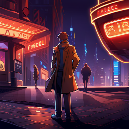 Fredrick examines his cyberdeck, focused on removing the malware. The city's lights reflect off the damp streets as people pass by. Falafel guy stands nearby, selling his delicious food. 
