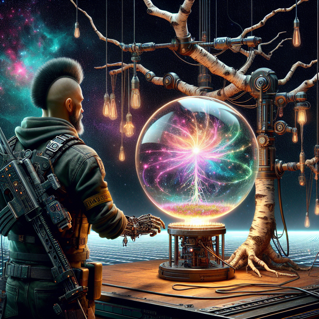 1. Multilimbed Donbirch operates a table-sized, glass-sided Object Forge, which hums and pings, revealing a newly crafted glass orb encasing a dynamic, starry nebula. The white expanse of Loading Screen stretches behind, where a man with a mohawk and tactical gear observes, a USB necklace glinting.