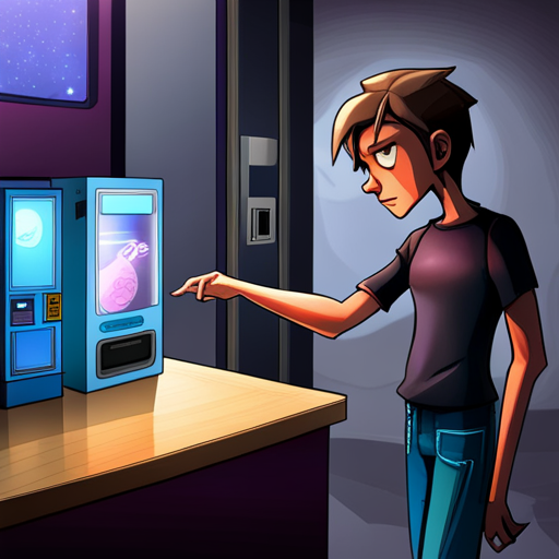 HylianHerring swims up to the vending machine, noticing the digital touch screen interface. The machine emits a terrible smell as it produces any object requested for just a quarter. In the background, a hologram of Ben Brown stands flickering, wearing a black tee and jeans. KissingVampire, a short, toothy creature with lots of tongue, is also present.