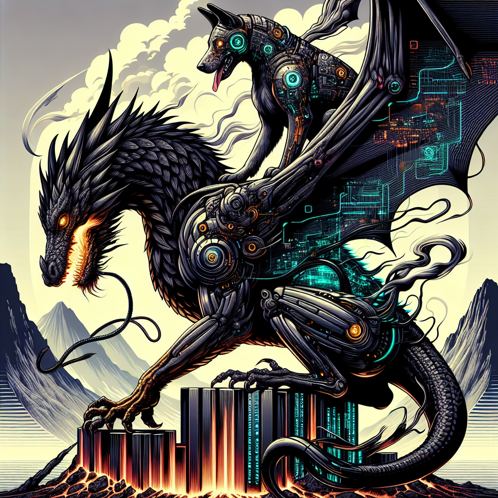 1. A large black dragon, smoke wisping from its nostril, golden eye gleaming, crouches on titanium databricks. A three-headed dog with cyber implants mounts its back, wings unfurling against a dormant volcanic crater backdrop.