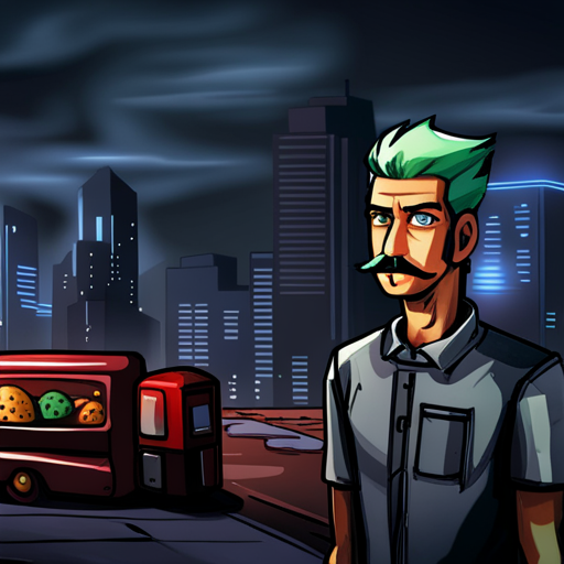 Null sees Cinja standing on a busy street, looking at a falafel cart. The man has a tall, slim build, a ponytail, and shaved sides. The falafel guy, with a mustache, stands next to his food cart. The street is dark, with club lights reflecting off low clouds. A classic payphone is nearby.