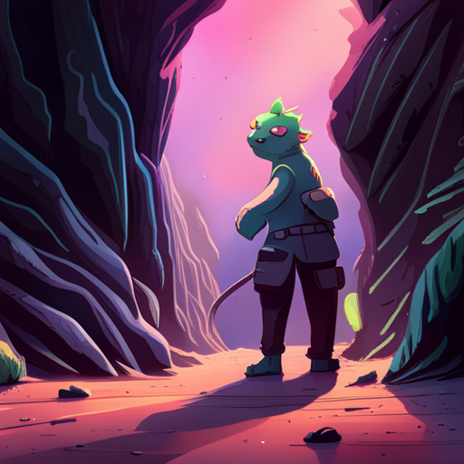 Zeb observes the cute axolotl with glowing green gills as Truffle keeps a safe distance in the Desert Cave System.
