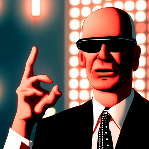 In the dimly lit control room, kc greets Max Headroom, a talking head on a TV screen with neon lights behind him. Max wears black sunglasses and engages in witty banter with kc. Max raises an eyebrow at kc's offer of a minidisc with corporate secrets.