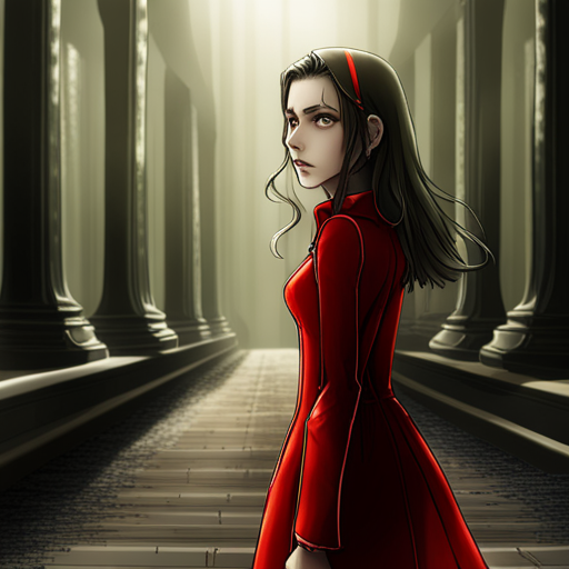 Wrewdison sees Anesthesia in her blood red velvet dress, her strangely pale face focused on the danger around them in the dark Underground rift.
