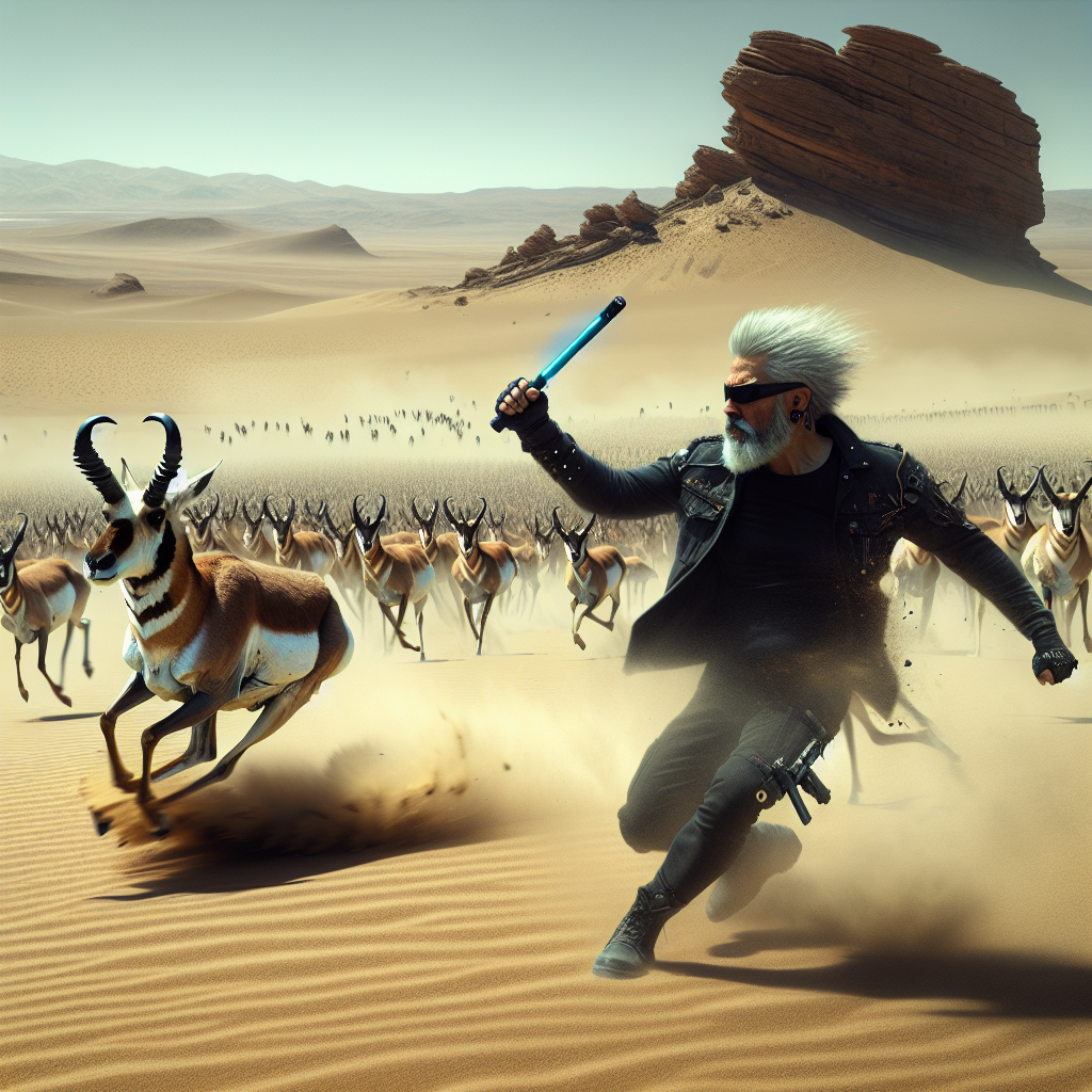 1. A graying-bearded man with a fuzzy mohawk, clad in black, swings a stun baton at a fleeing pronghorn amidst a scattering herd. Sand swirls, a rocky formation looms, and the desert expanse stretches under a harsh sun.