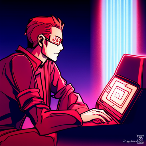 Lazarus stares intently at his Cyberdeck, focused on decrypting the Omnicorp Tower's details. The sleek metallic device gleams in the dim red light of The Chatsubo, its screens flashing with an interactive map. 
