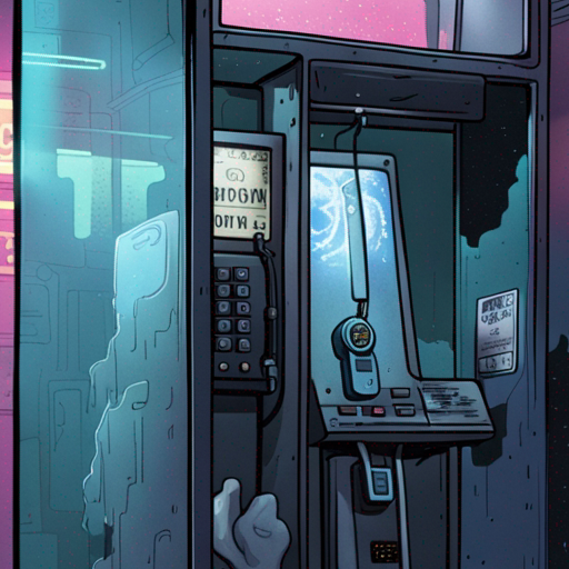 b sees a classic payphone in a phone booth with a glass door. There is a quarter in the coin return. A cult of the dead cow sticker is stuck on the outside of the glass door. There is a mysterious dataport on the phone. The location is Downtown, with low clouds reflecting the city lights. It is dark and damp, with thumping baselines echoing from nearby nightclubs. People wander around, looking for a good time or trouble.