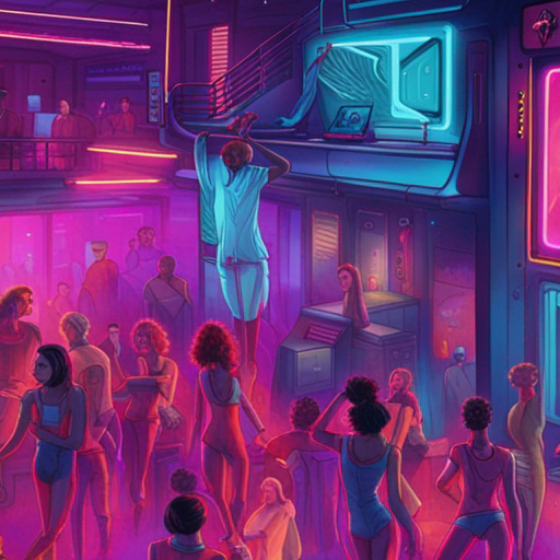 The club is alive with energy. The dance floor is packed with synchronized dancers. Neon art adorns the walls, casting an otherworldly glow. Cozy nooks offer a break from the music. The bar is bustling with futuristic drinks. It's a vibrant scene.