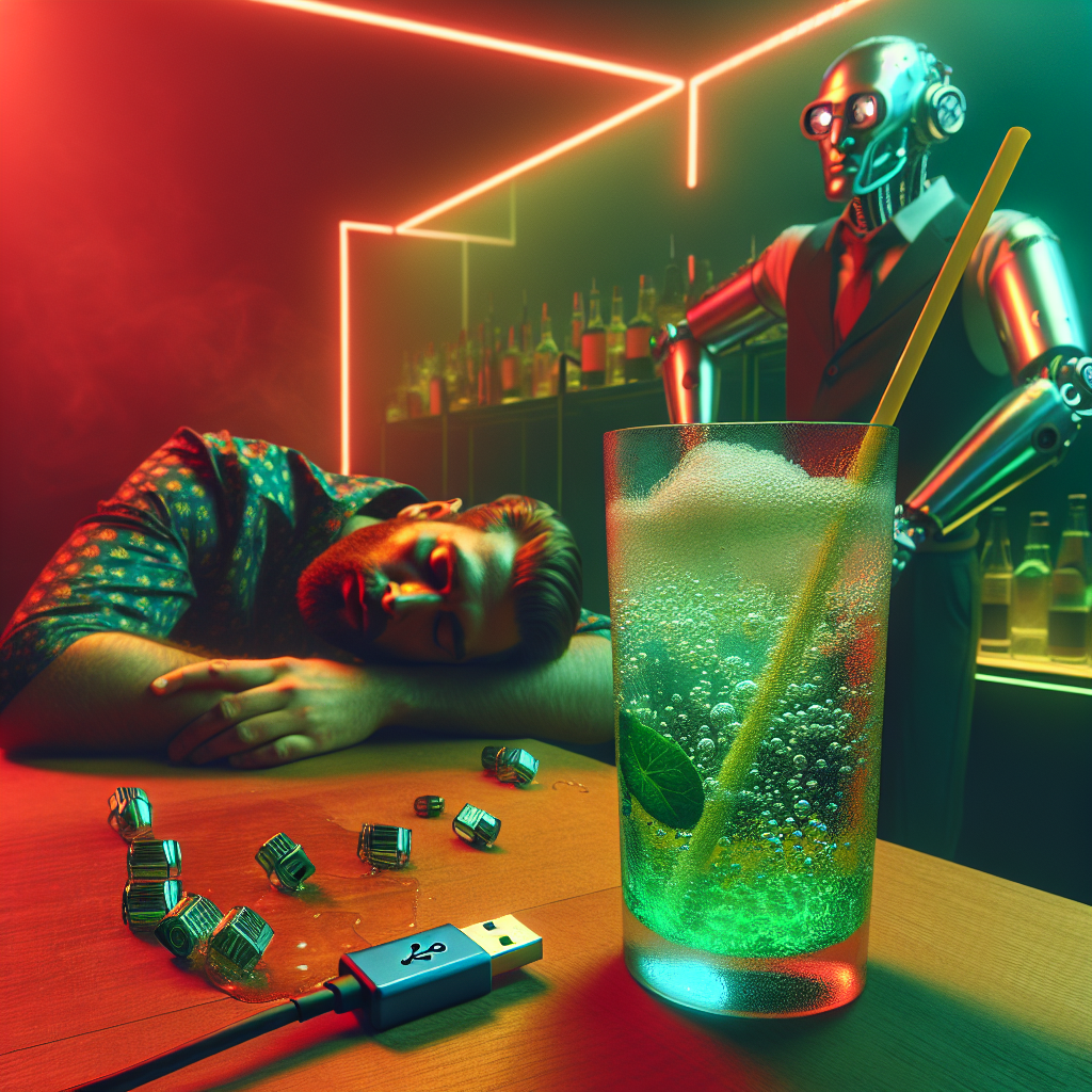 1. A muted green Chartreuse, ice melting, sits on a wooden bar under dim red lights. Bubbles rise in the glass. A USB necklace lies on the bar surface. A robotic-armed bartender stands behind, while a drunk man slumbers nearby, head resting in a puddle of drool.