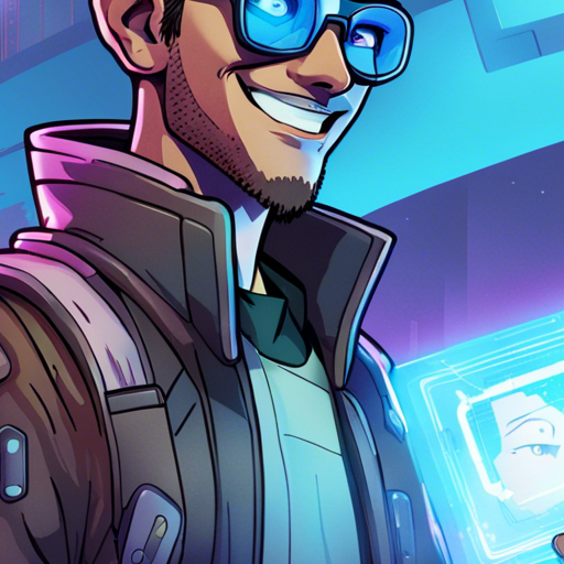 Zeb(1) holds a hologram of Ben Brown, a small rectangular device emitting a blue glow. The hologram shows the image of a man with short brown hair, glasses, and a friendly smile. The background is a vast white expanse, with an object forge nearby. It is a bright day with clear skies.