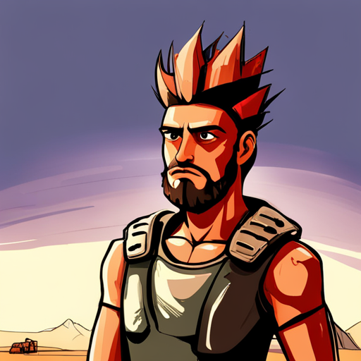 Zeb, a bearded man with a spikey mohawk, stands at The Wasteland Crossroads. He looks around, contemplating his next move. Nearby, shipping containers and a herd of pronghorns dot the landscape. Zeb ponders whether to explore the road to the west or head towards the outpost to the east.
