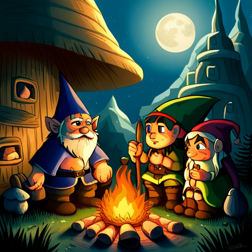 Enron sees Gnome in blue coveralls and Barbarian in a fur loin cloth, both sitting around the campfire. Nearby, there is a mushroom village, but Enron doesn't see any mushrooms. 
