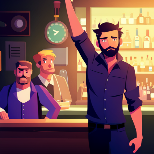 Zeb looks at Max, a human with short brown hair and a scruffy beard. Max has his hands up in defense, denying any wrongdoing. Wrewdison, a tall man with a beard, stands nearby. The dimly lit bar is filled with electronic music and a few other characters, including Ratz the bartender and a drunk man sleeping at the bar.

