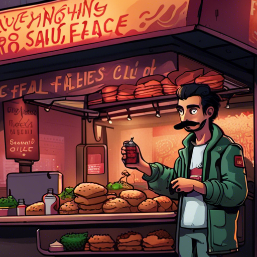 A guy with a mustache stands next to a small food cart selling falafel and giros. A sign proudly boasts "Everything comes with hot sauce." The man has a mischievous glint in his eye, hinting at hidden talents. The background is a dark, downtown area with low clouds reflecting city lights. The air is damp, and thumping baselines echo from nearby nightclubs.