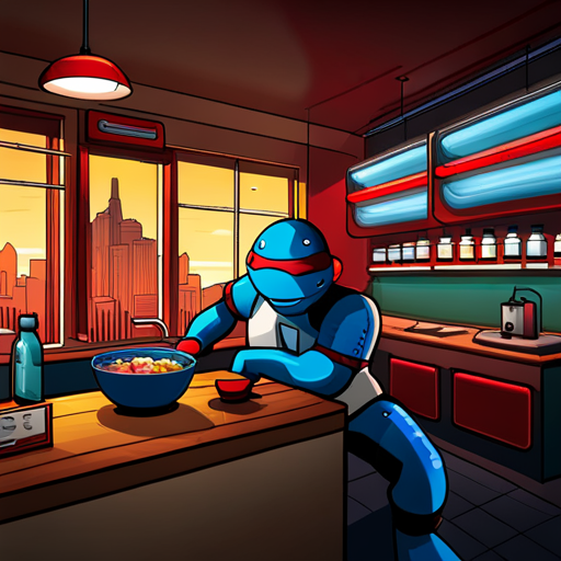 Kappa, a large turtle-like creature with a bowl on his head, greets customers at Ramen Heaven. He offers his magical food preparation skills and a bowl of broth. B1zz0, a blue alien in an iron man suit, takes a seat at the bar. The red and white sunrise mural on the wall adds to the cozy atmosphere of the tiny restaurant.
