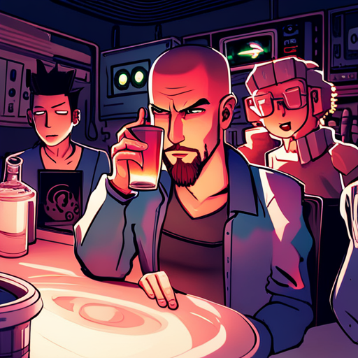 Wrewdison downs his drink, smiling at Ratz. The gruff bartender with a shaven head and squinty brown eyes tends to other customers. The Chatsubo is illuminated by dim red lights and loud electronic music. Zeb, a bearded man with a spikey mohawk, is also present. 
