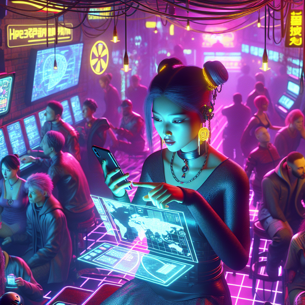 1. In a neon-lit club, a figure interacts with a handheld device, its screen aglow with maps and data. Around them, patrons pause, their expressions a mix of confusion and anticipation, as a synthesized voice disrupts the techno beats. Video games, skate ramps, and networking cables fill the space.