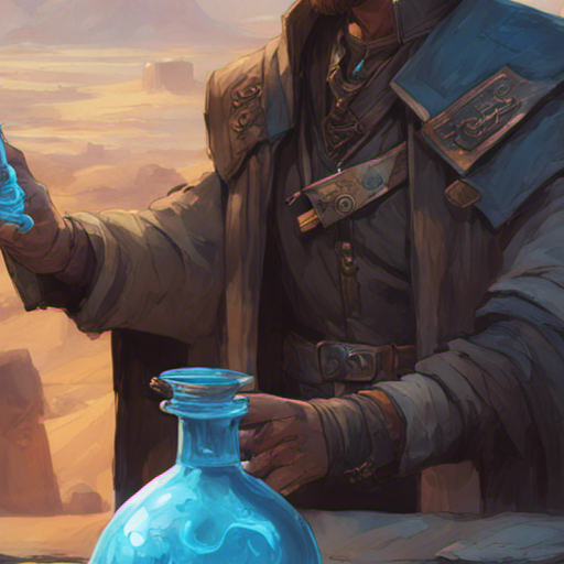 Thraeryn holds a small vial filled with a glowing blue liquid, labeled "Healing Potion." In his other hand, he examines a mysterious artifact, its secrets waiting to be unraveled. The trader looks pleased, confident in the fair deal struck. The Foothills provide a scenic backdrop, bathed in warm sunlight.