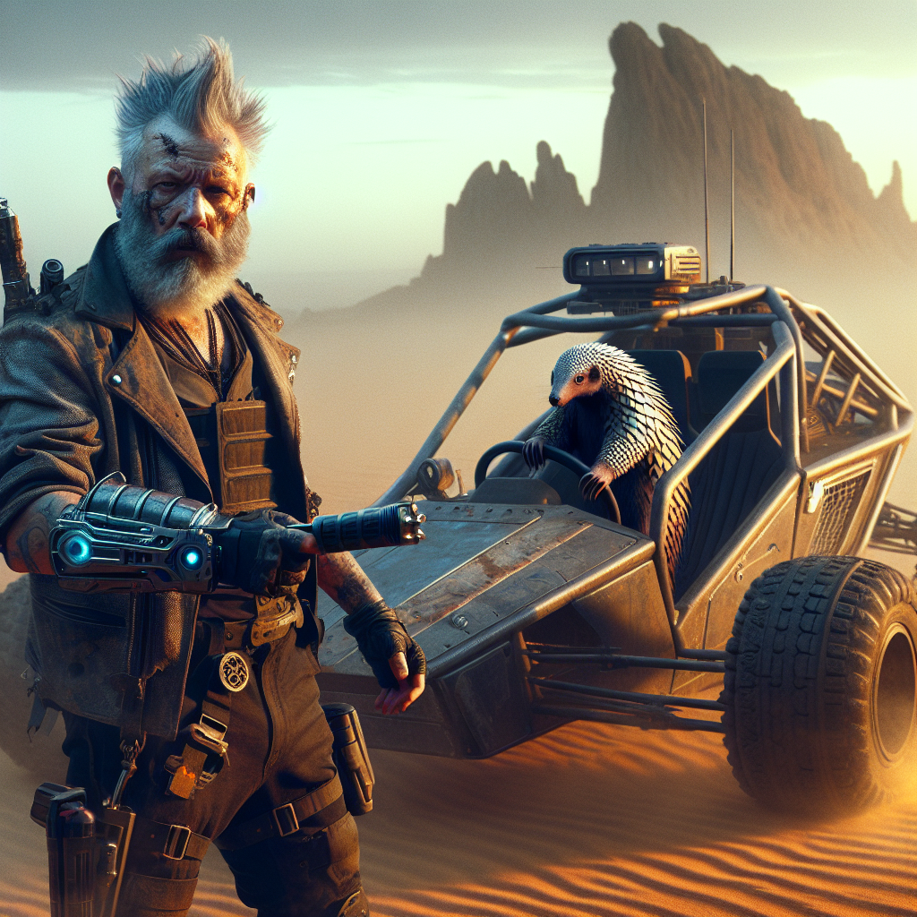 1. A grizzled man with a graying beard and fuzzy mohawk stands near a dune buggy, hand near a stun baton. The driver, a human-sized pangolin mutant, observes intently. Dust swirls in the dimming desert light, a rocky formation looms in the background.