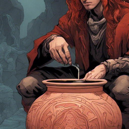 Thraeryn's gaze is fixed on a small, ornate clay pot. It is intricately designed with a strange symbol painted on it, exuding an ancient and mysterious energy. The pot sits on a rocky ledge, surrounded by the shadowy depths of The Chasm. The red-haired man's intense focus reveals his curiosity and desire to unlock the secrets held within the pot.