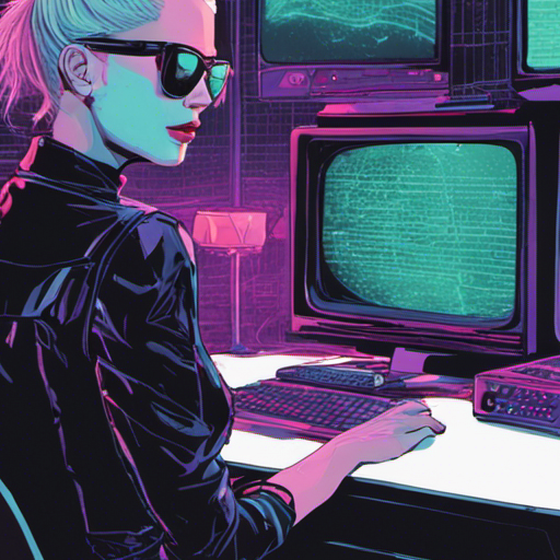 Thraeryn sees Max Headroom, a talking head on a television screen, wearing black sunglasses and surrounded by a grid of neon lights. Theora Jones, a woman with dark shoulder-length hair and a conservative blouse, sits at her desk, focused on the live video stream. The control room of Network