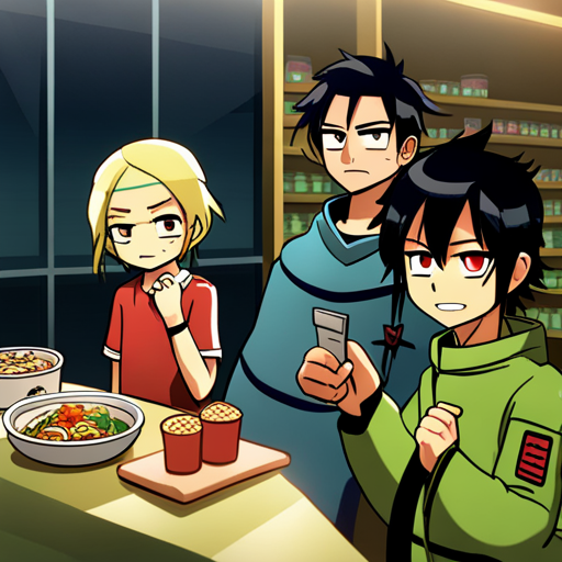 Lazarus remains alert at Ramen Heaven, Cyberdeck in hand, while Kappa cooks and Fredrick and Zeb chat at the bar. 
