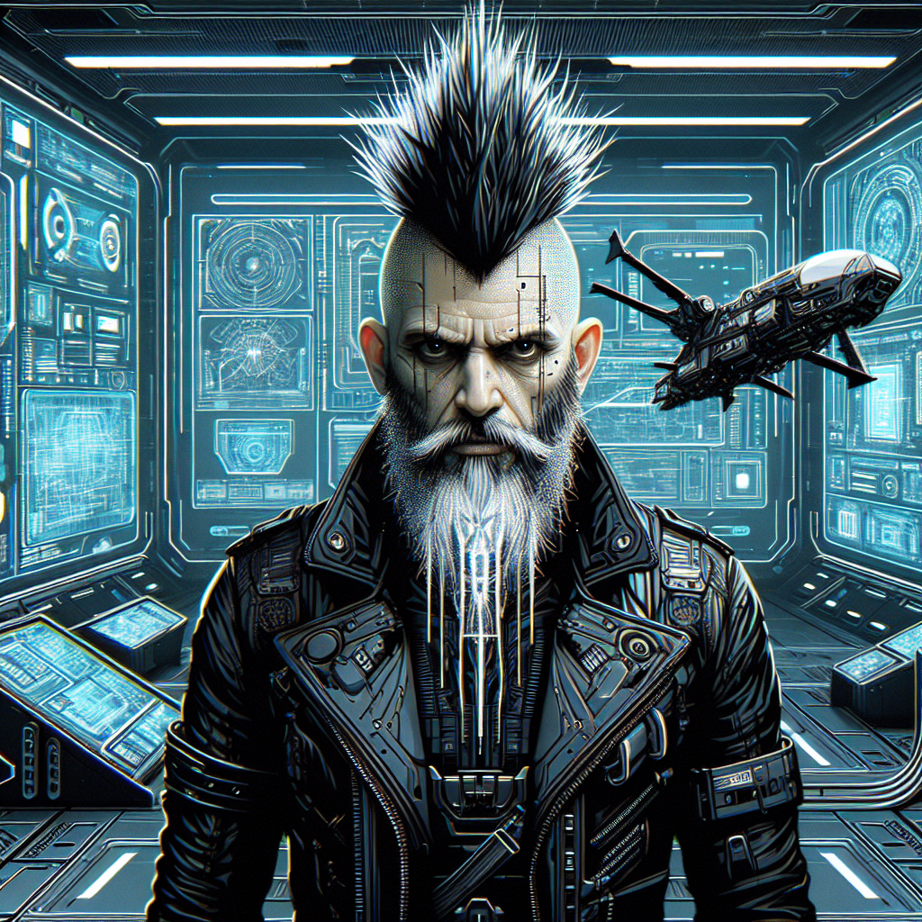 1. A man with a wild mohawk and pointy beard, streaked with white, stands in a spaceship command deck. His black attire and surly expression contrast with the sleek panels and a hovering drone nearby.