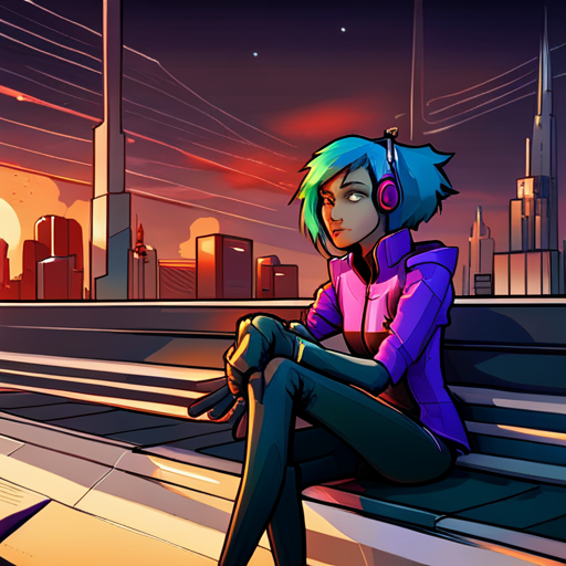 Starla, a cyberpunk woman with purple hair and a neoprene jacket, nods at wrewdison on the bridge. She studies him, protective of Irq and slow to warm up to new customers. A drone hovers nearby while Irq, a teenager with a rat in a cage, trains his pets.