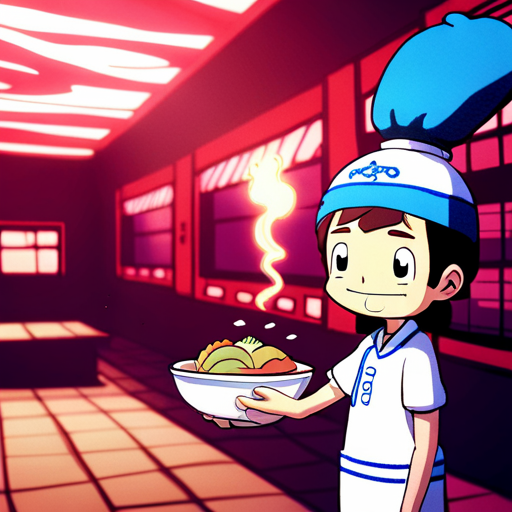 Fredrick sees Kappa, the ramen cook, with a jiggling bowl on his head and a smile on his face. Kappa looks like a large turtle and is slightly damp, but his magical food preparation powers are evident. The background is a small ramen restaurant with a red and white mural of the sunrise on the wall.
