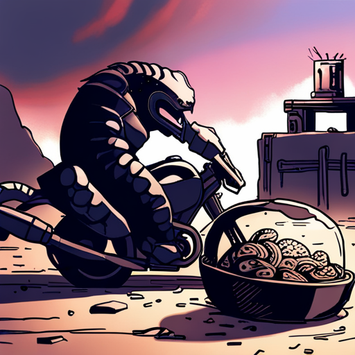 Potato watches as the Mechanic works on their motorcycle, surrounded by metal sheets, ramen bowls, and valuable tech. Pangolin stands nearby, armored scales glinting in the sun. 
