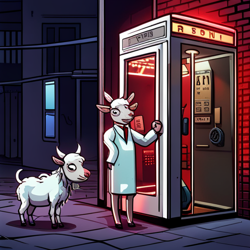 A white goat stands next to a classic payphone booth with a folding glass door. A cult of the dead cow sticker is on the glass. A quarter is in the coin return. A mysterious dataport is on the phone. 
