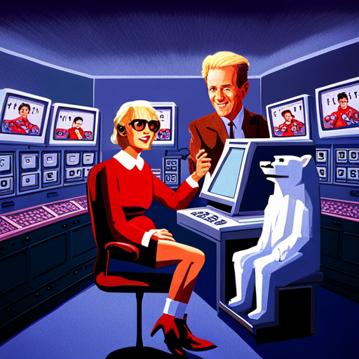 Basic Elf sees an animated polar bear on a screen, playing ice hockey with friends and sharing soda in an 80s commercial. The control room is dark and cramped, with piles of CRT televisions. Max Headroom appears as a talking head on a screen, wearing black sunglasses. Theora Jones, the producer, has dark shoulder-length hair and is focused on the live video stream.