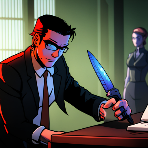 Zeb admires the well-crafted carbon fiber knife with a worn blade, examining its sleek handle in Ben's office at Fiction Quest HQ.
