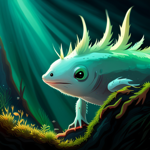 A close-up shot of a cute axolotl with frilly gills glowing faintly green, swimming away from controlfreak's outstretched hand in the dimly lit cave. The axolotl's curious gaze remains fixed on controlfreak, unaware of the failed attempt to capture it.
