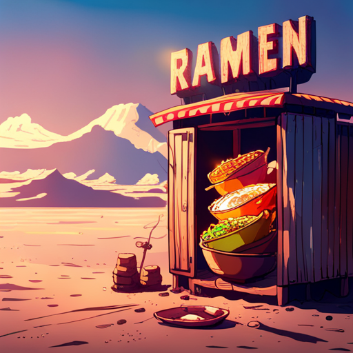 Potato sees four colorful bowls of steaming ramen on a wooden stand. The empty ramen booth and "closed for repairs" sign in the background. 
