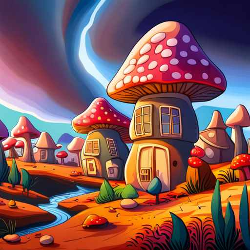 The mushroom village is a chaotic and colorful sight, with tiny houses made entirely of mushrooms and their stem walls. The villagers are frantic and their mushroom caps are vibrant colors of red and blue. A bright pink pony with a mushroom emblem on her hindquarters is grazing on the outskirts of town.