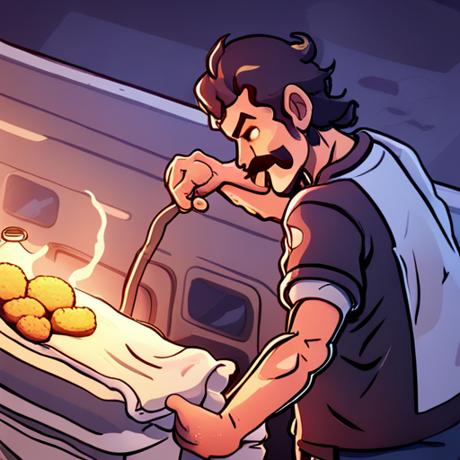 A sturdy man with a thick mustache stands next to his food cart, wiping his hands on a damp towel. The scent of falafel, tzatziki, and hot sauce wafts through the air. (Thraeryn's perspective)
