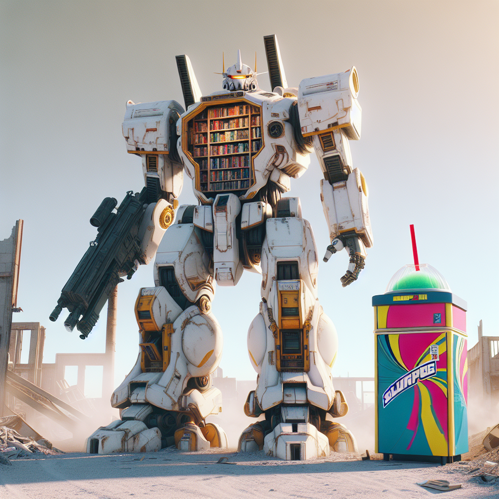 1. A towering white-and-gold mecha, shelves with books in its chest, stands beside a colorful Slurpee machine under the sun. Ash drifts nearby, a smoldering building in the distance.